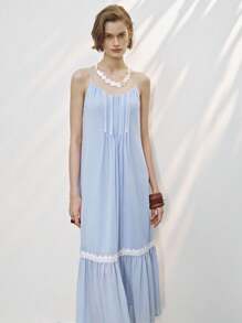 Lumivelle Romantisches blaues Damen Maxikleid mit Blumen Muster und Rüschen-Trägern, geeignet für den Urlaub