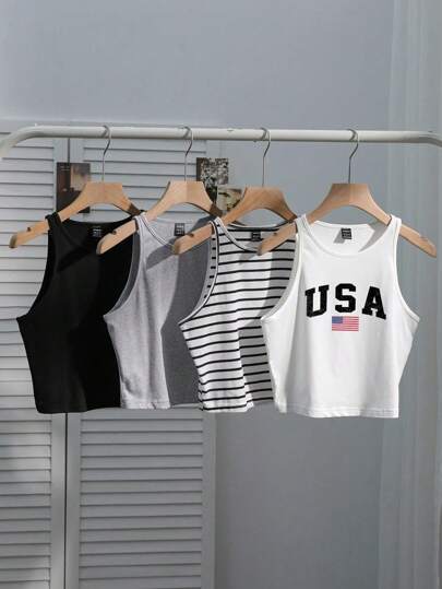 SHEIN EZwear 4pcs Women's Casual Black & White Striped Fitted Sexy 4th Of July Independence Day Graphic Top, Versatile, Suitable For Spring Break, Girls Trip, Back To School Season Usa Tank Top Women Crop Tank Tops Women Tank Tops Summer Crop Tops Women Summer Tops