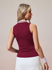 CourtClass Camisa polo sin mangas casual/deportiva a rayas para mujer, ropa de ejercicio, parte superior de entrenamiento para mujer, camisa de entrenamiento para mujer, conjunto de golf para mujer, ropa de entrenamiento para mujer - Burdeos - Ver 2