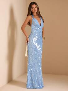 SHEIN BAE Váy Maxi sequin dự tiệc mùa hè hở lưng màu xanh lam, cổ yếm bất đối xứng, trang trí khóa kim loại hở lưng, váy Maxi dự tiệc sequin lấp lánh, váy dự tiệc, váy ôm sát, trang phục câu lạc bộ gợi cảm cho phụ nữ - Màu xanh nhạt - Xem 4