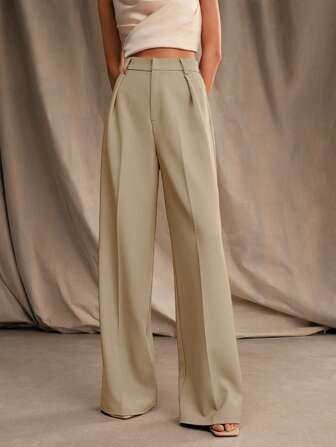 Anewsta Women's Solid Color Pleated Maillard Straight High-Waist Trousers