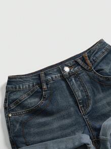 ROMWE Fairycore Plus Size Low Waist Denim Shorts With Heart, Gemstone, Crystal & Star Embroidery Details - Blue - View 3