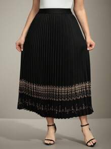 Flouryn Plus Size Women's Black Pleated Pattern Elastic Waist Casual Skirt For Outdoor, Commute, Work Maxi Fall Cloth For Women - Multicolor - View 4