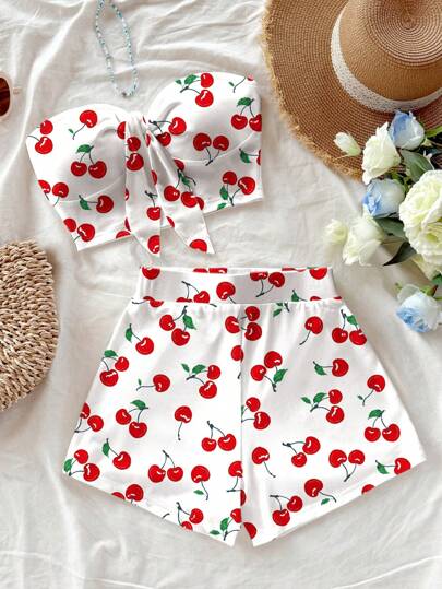 Soleia 2 件女式樱桃印花露肩背心和短裤套装，度假装樱桃服装樱桃装夏季两件套