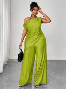 Maweii 大码女式两件套 - 优雅纯色不对称衬衫和裤子，夏季 - 青檸色 - 查看 5