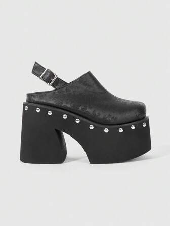 Goth Sandalias de plataforma bordadas con suela gruesa para mujer, estilo punk con remaches metálicos, punta redonda y correa ajustable, zapatos cómodos