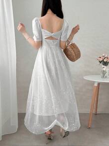 FRIFUL Women's Fashionable Romantic Sweet Mesh Panel Crew Neck Short Sleeve Dress - White - View 3