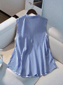 GlowEve CURVE Striped Colorblock Ruffle Trim Sleeveless Blouse, Summer - Blue - View 2