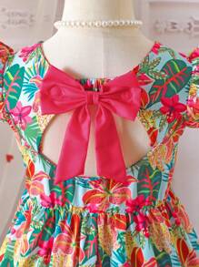 Girls Vacation Tropical Plant Print Colorful Bow Decor Dress, Suitable For Beach Trip And School Vintage Dresses For Girls Vintage Girls Dress Girls Summer Clothes Dress Girls Vintage Dress Girl Clothes Summer Dresses - Multicolor - View 3