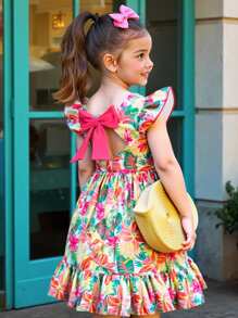 Girls Vacation Tropical Plant Print Colorful Bow Decor Dress, Suitable For Beach Trip And School Vintage Dresses For Girls Vintage Girls Dress Girls Summer Clothes Dress Girls Vintage Dress Girl Clothes Summer Dresses - Multicolor - View 1
