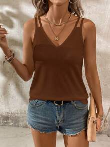 SHEIN LUNE Camiseta sin mangas de unicolor y cuello en V casual para mujeres, atuendo versátil de verano - Marrón - Ver 5