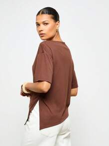 AiiRZ Drawstring Side Ruched T-Shirt Asymmetric Hem Casual Draped Design Fall Winter Essential Basic Top