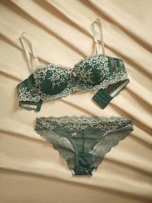 Charlaine Romantic Lace Bow Decor Lingerie Set Elegant - Green - View 6