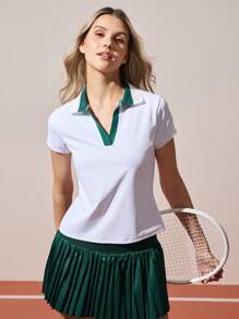 CourtClass 女式拼色 V 领 Polo 衫休闲宽松高尔夫和网球运动 Polo 衫，适合日常穿着，春夏季 - 白色 - 查看 5