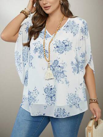 Flouryn 优雅日常女装大码雪纺蓝白印花衬衫