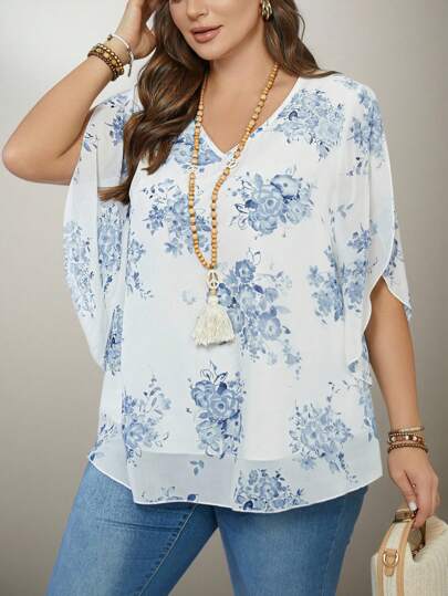 Flouryn 优雅日常女装大码雪纺蓝白印花衬衫