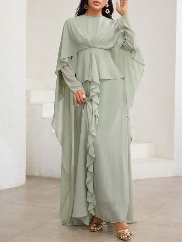 Veilorie Women's Solid Color Twist Knot Ruffle Hem Elegant Arabic Style Dress