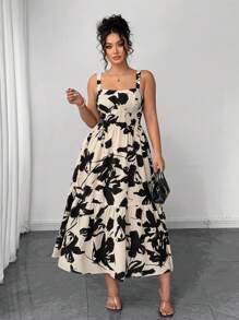 Elenzga Robe à bretelles fines avec volants et imprimé floral, convient pour les grandes tailles. Idéal pour les vacances à la plage - Nude - Voir 4