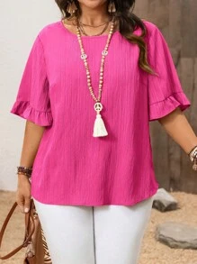 EMERY ROSE 加大码短袖简约时尚休闲日常度假春夏衬衫、西装、春夏粉色上衣 - 玫紅色 - 查看 1