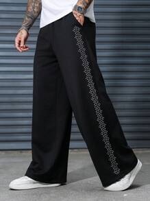 Manfinity EMRG Men's Relaxed Fit Loose Casual Rhinestone Embellished Sweatpants - Black - View 7