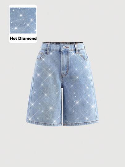 SHEIN Girlism Pantaloncini di jeans larghi e morbidi con design di strass scintillanti, adatti per ragazze pre-adolescenti, casual, in stile Y2K vintage, comodi e traspiranti, ideali per l'uso quotidiano, per l'estate, la primavera, i festival rave e la spiaggia