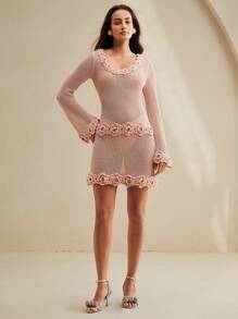 Anewsta 女士优雅度假修身手工钩编玫瑰粉色镂空针织罩衫 - 粉色 - 查看 4