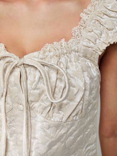 ROMWE Avant Chemise à nœud en jacquard de style vintage provençal sicilien pour vacances de femme