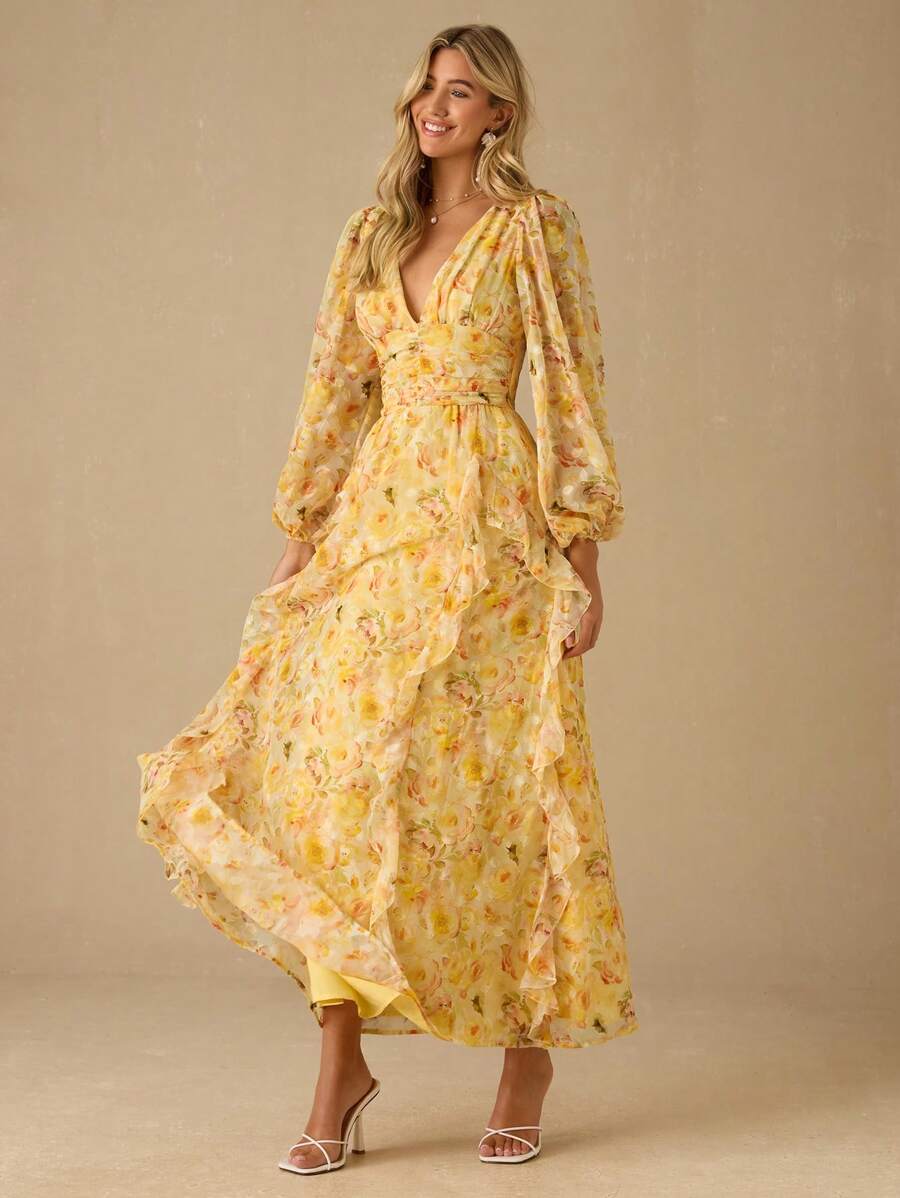 Enchnt 女式花卉印花 V 领灯笼袖褶皱荷叶边下摆优雅连衣裙