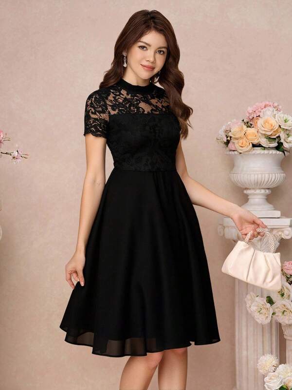 Pitira Pitira Teen Girls Black Sheer Lace Floral Trim Chiffon Hem Mid-Calf Dress, Elegant For Festivals, Parties, Weddings, Graduations Black Lace Dress Black A-Line Dress Short Sleeve Black Dress Elegant Black Dress