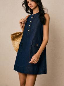 Poéselle 新款女式牛仔连衣裙半开襟无袖A字直筒连衣裙蓝色秋季服装法式休闲女士休闲连衣裙度假连衣裙返校节连衣裙外出连衣裙老款连衣裙返校生日女士连衣裙女士教师装