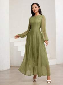 优雅的 3/4 袖高领褶饰腰部褶饰迷你连衣裙，百搭 - 紫色 - 查看 8