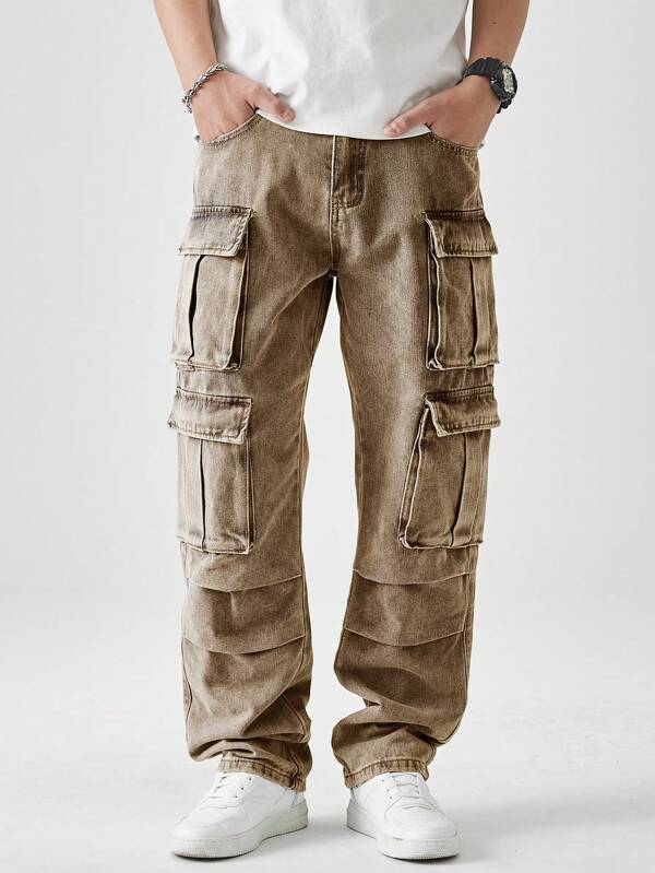 Manfinity EMRG Men's Casual Washed Distressed Denim Cargo Pants Cargo Jeans Pants Men