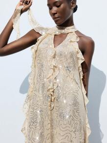 Maija 女士多色串珠刺绣图案宽松舒适透明面料露背无袖V领荷叶边镂空设计优雅知性女装浪漫别致法式自由放任高端优雅老钱氛围邮轮装西式度假连衣裙 - 杏色 - 查看 3