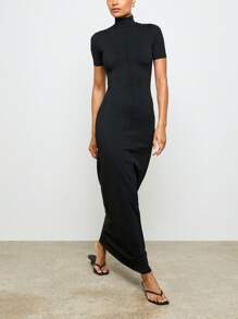AiiRZ Luxury Form Fitting Turtle Neck Long Maxi Dress Sleek Seam Detail For Evening Party Occasions Formal Attire Fall Winter Collection - Black - View 4