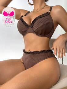 Swim DD+ Women's Summer Beach Vacation Ruffled Edge Underwire Push-Up Bikini Set - Brown - View 6