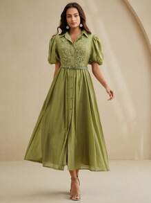 Anewsta 优雅花卉拼布拼接 A 字形荷叶边下摆绿色中长连衣裙，修身腰线，适合度假和约会