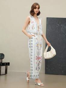 EMERY ROSE 2pcs Women Casual Floral Print Tied Front Sleeveless Shirt And Pants Set - Multicolor - View 4