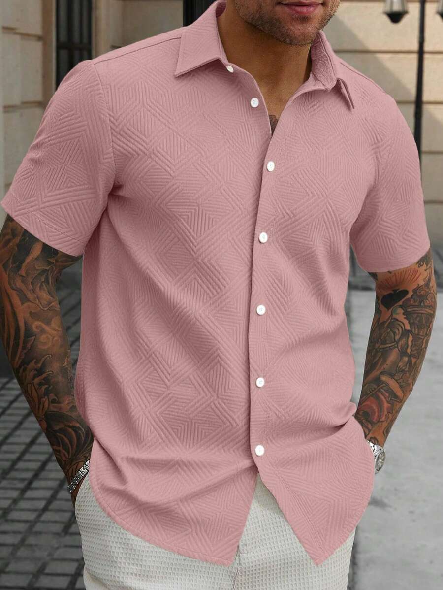 Manfinity Homme Men's Pink Checkered Summer Casual Vacation Button Up Shirt,100 Percent Cotton Textured Short Sleeve Loose Simple Button Down Shirt,Gift For Husband, Formal - Pink - View 1