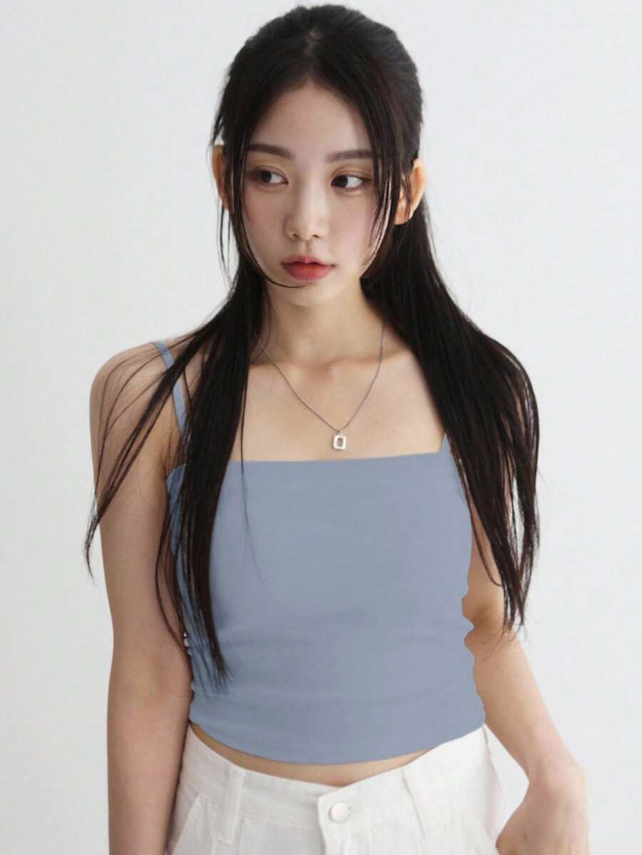 DAZY 女式夏季纯色短款修身吊带背心 - 霧霾藍 - 查看 1