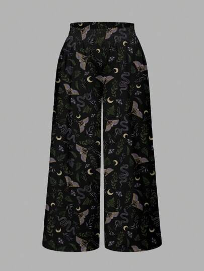 Goth Pantalones holgados de pierna ancha con estampado total en estilo gótico dark Mori de polilla, mariposa, hoja, serpiente y luna, tallas grandes