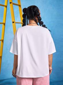 Nick 90s | SHEIN Plus Size Summer Casual Cute Cartoon Pattern Drop Shoulder T-Shirt  Music Festival - White - View 2