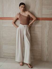 MOTF PREMIUM 褶皱斜口袋裤 - 米色 - 查看 7