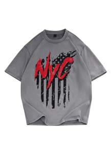 Manfinity Homme T-shirt décontracté à manches courtes col rond avec imprimé lettres pour hommes, T-shirt décontracté à manches courtes col rond avec imprimé lettres pour hommes, T-shirt décontracté à imprimé drapeau américain pour hommes, style décontracté convenant pour le 4 juillet - Multicolore - Voir 2