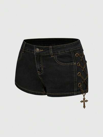 Grunge Punk Plus Size Distressed Vintage Washed Side Metal Cross Decor Low Waist Mini Denim Shorts