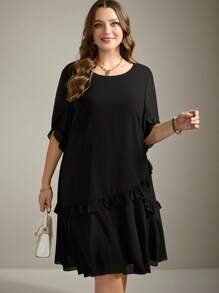Flouryn Plus Size Women Chiffon Tiered Splice Ruffle Hem Elegant Black Dress, Spring/Summer, Suitable For Valentine's Day - Black - View 6