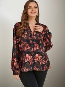 EMERY ROSE Plus Size Women's Elegant Chiffon Floral Button-Up Loose Long Sleeve Shirt With Contrast Lace And Ruffle Cuffs In Metallic Colors - Multicolor - View 4