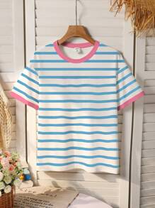 Girls Blue & White Striped Printed Contrast Collar Round Neck Loose Casual T-Shirt, Summer - White - View 3