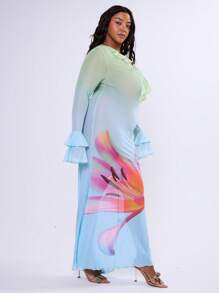 MUSERA Plus Size Plunge V Neck Ruffle Trim Floral Print Long Sleeve Dress Wedding Guest Elegant Prom Graduation Summer