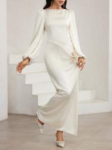 Veilorie Vestido midi minimalista pero elegante y versátil con hombros descubiertos, mangas de farol y cintura ceñida