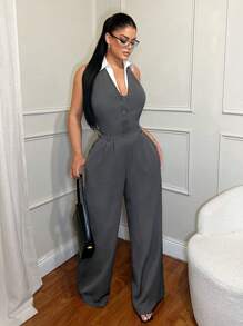 SHEIN SXY Women's Grey Chic Summer Minimalist Professional Collared Jumpsuit,Backless Wide Leg Office Business Formal Wear,Halter Jumpsuit - Grey - View 6